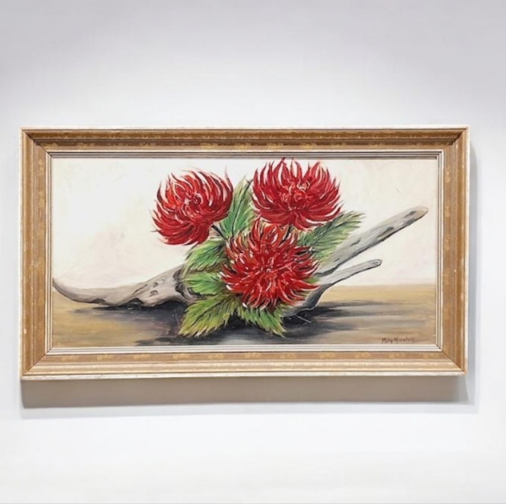 Vintage Mary Monahan Signed. Floral Still Life Driftwood & Flowers Oil Painting